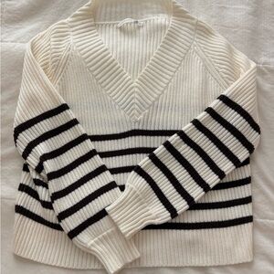 Altar'd State Cream V-Neck Sweater with Black Stripes